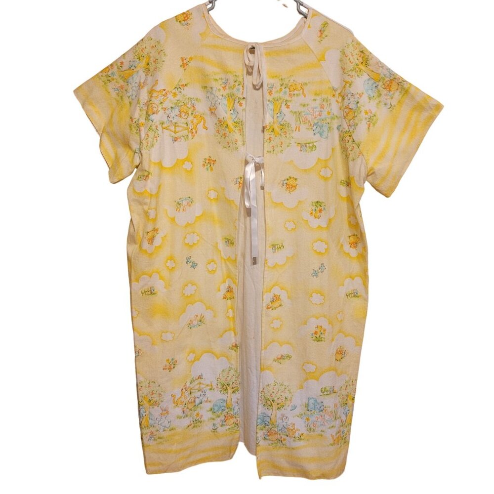 Vintage Handmade One Size Yellow Flannel House Coat Robe Tie Front Short Sleeve